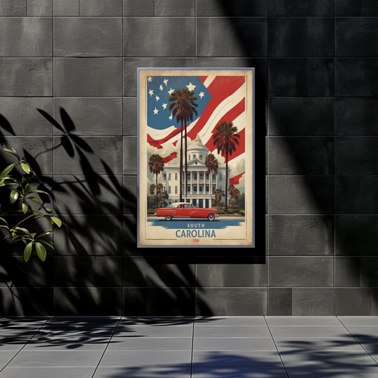 South Carolina Capitol Palmetto Flag Car Vintage Travel Poster