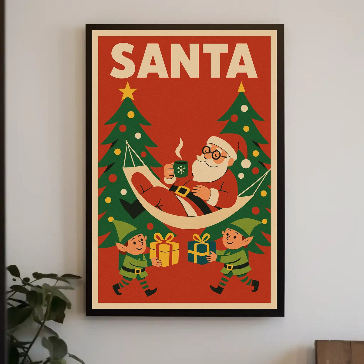 Santa Claus Relaxing in Vintage Christmas Poster