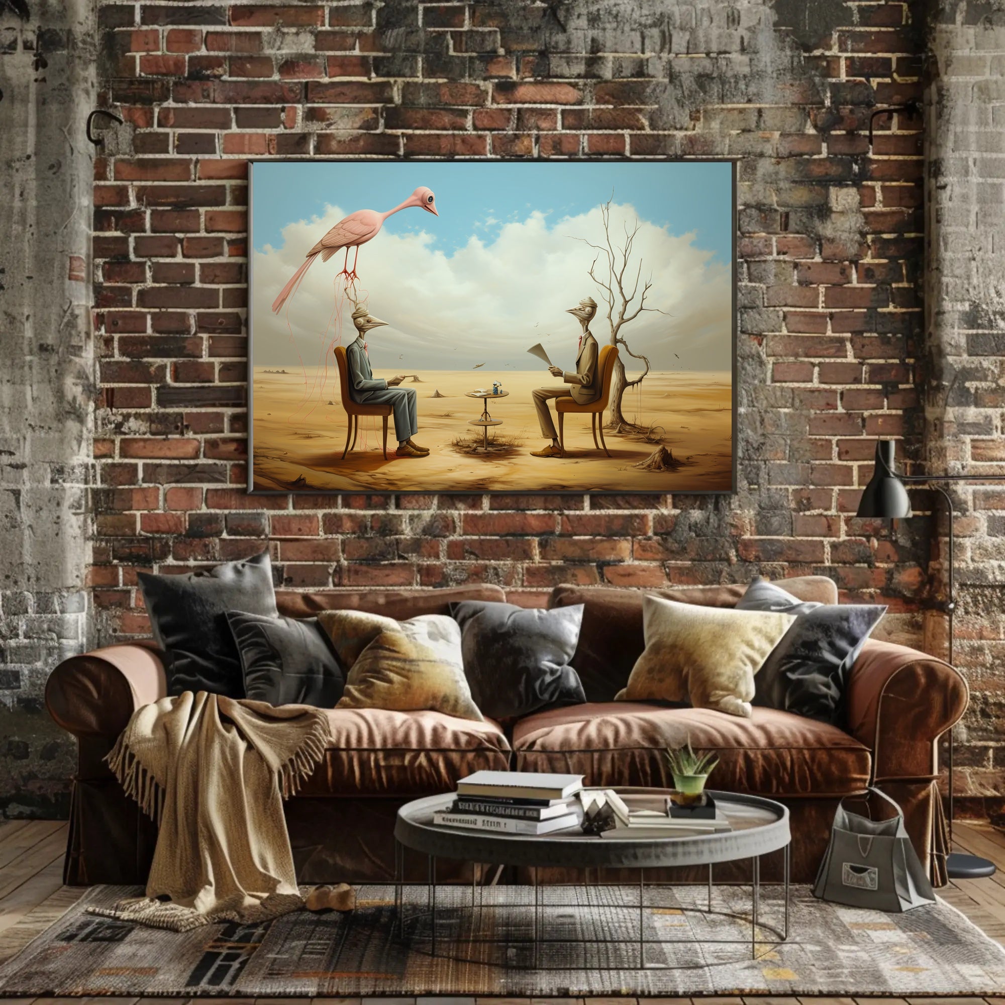 Surreal Bird-Headed Figures Formal Meeting Artistic Poster