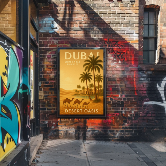 Dubai Desert Oasis Camels Palms Sunset Poster