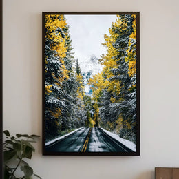 Autumnal Forest Road with Snow-Capped Mountain Poster