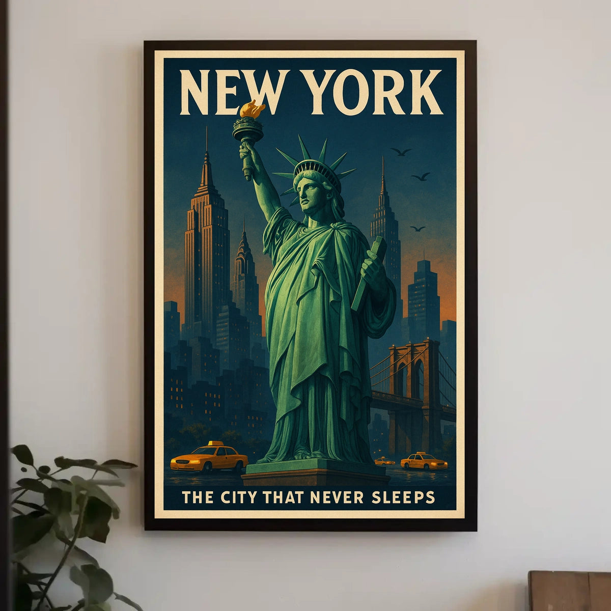 New York City Skyline And Landmarks Poster Vintage Wall Art