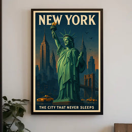 New York City Skyline And Landmarks Poster Vintage Wall Art