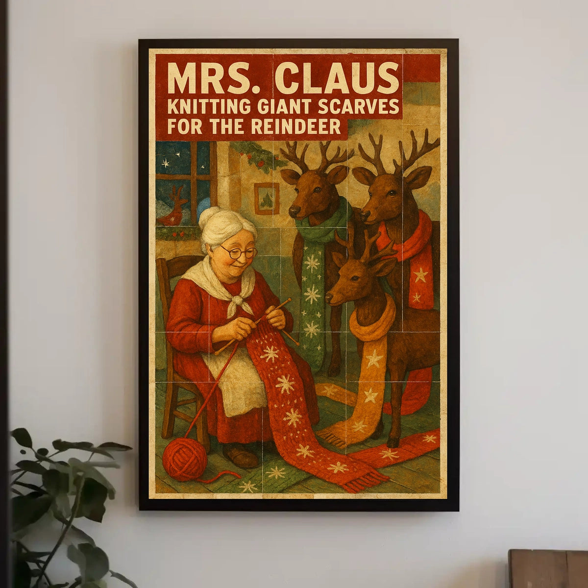 Mrs. Claus Knitting For Reindeer Poster