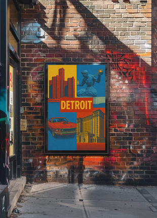 Detroit Landmarks and Muscle Car Cultural Heritage Poster