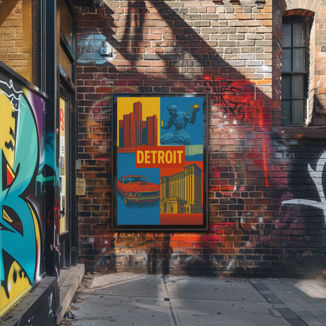 Detroit Landmarks and Muscle Car Cultural Heritage Poster