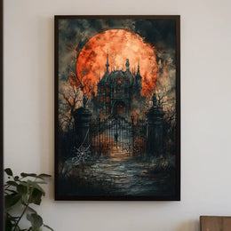 Gothic Mansion Eerie Full Moon Artistic Poster