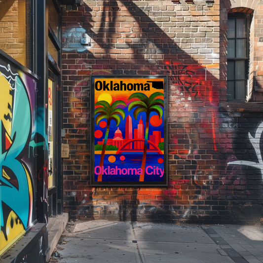 Oklahoma City Vibrant Skyline Palm Trees Artistic Travel Poster