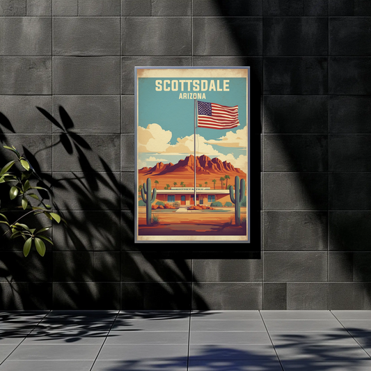 Scottsdale Arizona Desert Flag Cactus Vintage Travel Poster