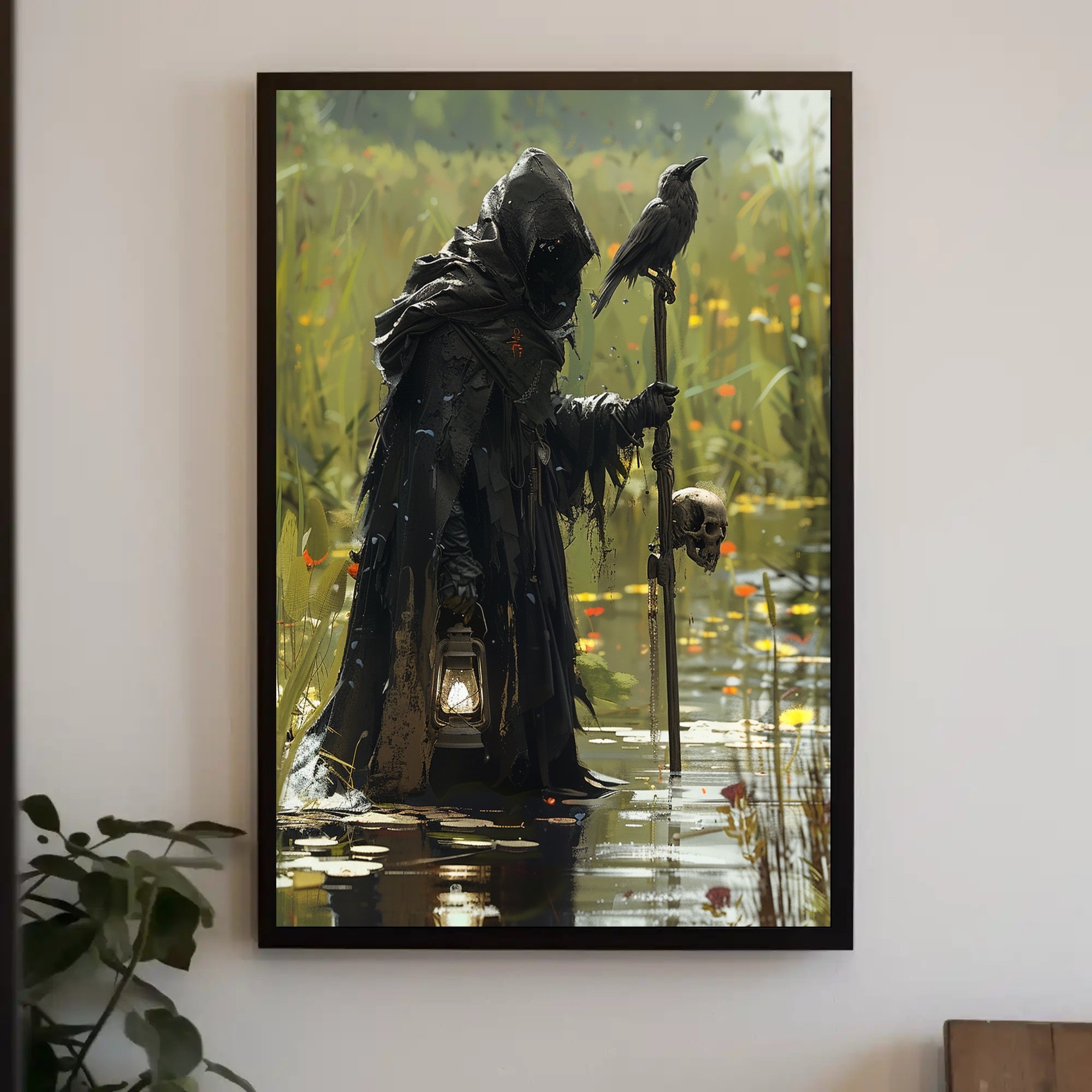 Mysterious Cloaked Figure in Fantasy Marshland Fantasy or Mythology Poster PosterGoat