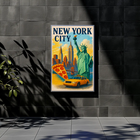 New York City Pizza Taxi Skyline Vintage Travel Poster
