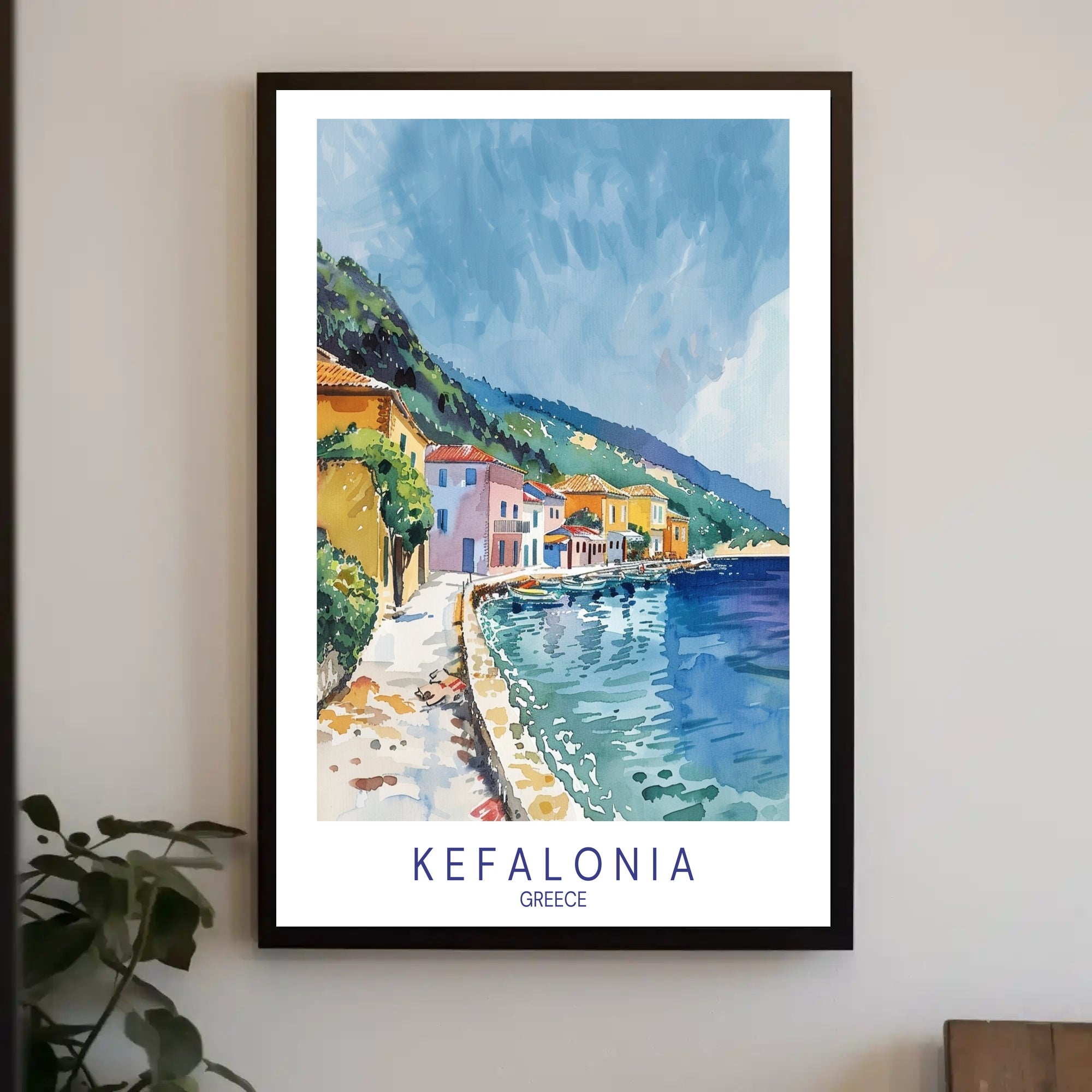 Kefalonia Coastal Charm in Watercolor Travel Poster PosterGoat