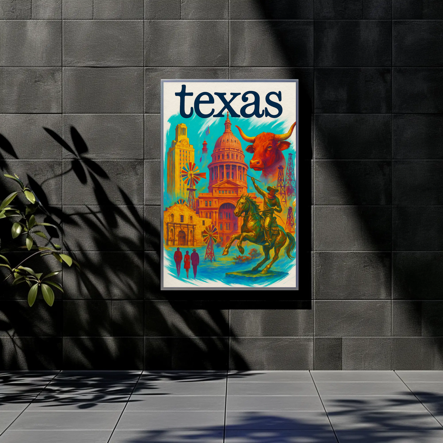 Texas Capitol Cowboy Longhorn Windmill History Vintage Travel Poster