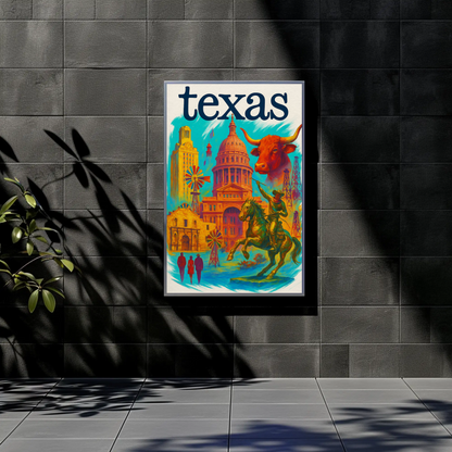 Texas Capitol Cowboy Longhorn Windmill History Vintage Travel Poster