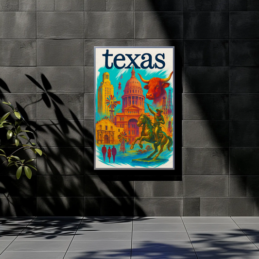 Texas Capitol Cowboy Longhorn Windmill History Vintage Travel Poster