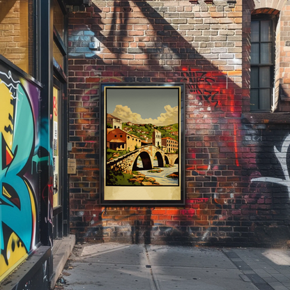 Stone Arch Bridge European Village Landscape Travel Poster