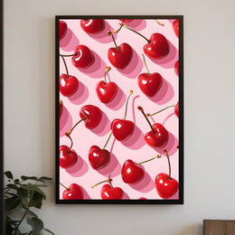 Playful Heart-Shaped Cherries Artistic Poster PosterGoat