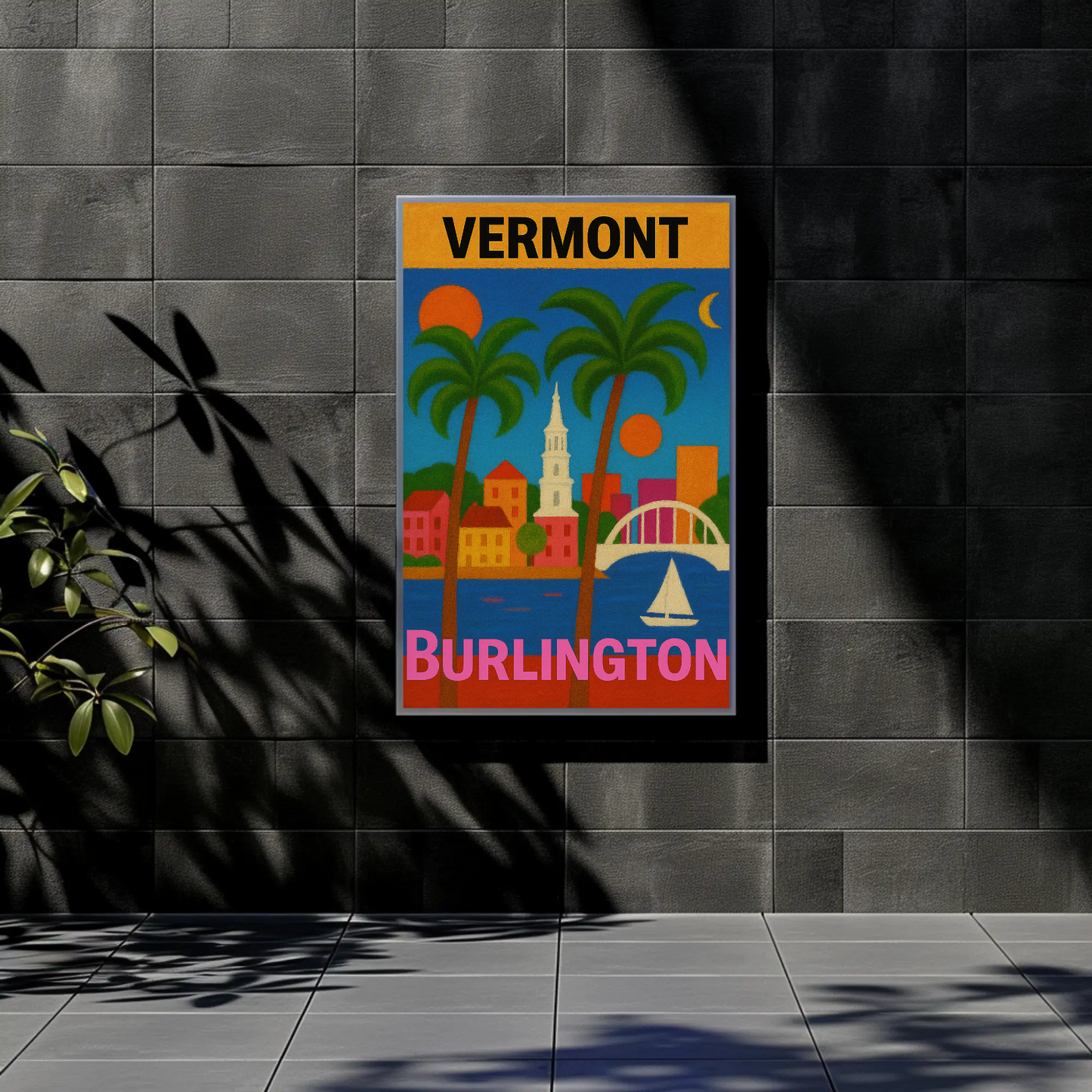 Vermont Burlington Palm Trees Church Sailboat Vintage Travel Poster
