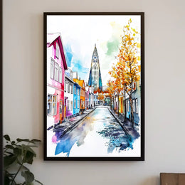 Iceland Reykjavik Colorful Street and Hallgrimskirkja Poster