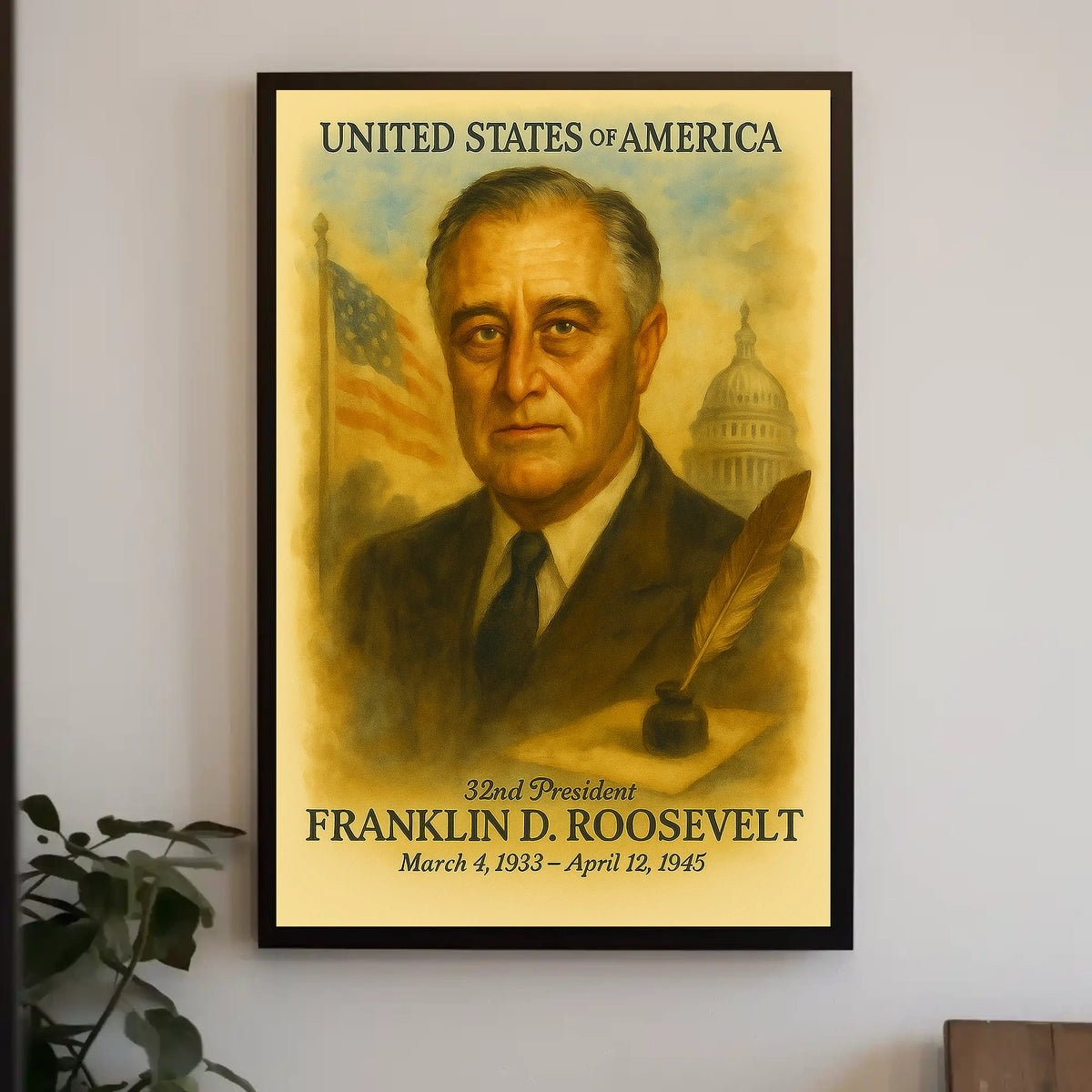 Franklin D. Roosevelt 32nd President of the United States Vintage Watercolor Poster