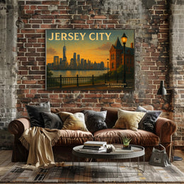 Jersey City Skyline Sunset Travel Poster