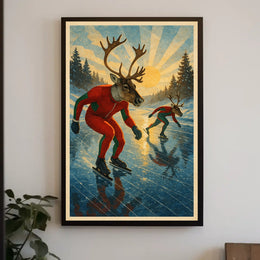 Whimsical Reindeer Skating Vintage Style Fantasy or Mythology Poster