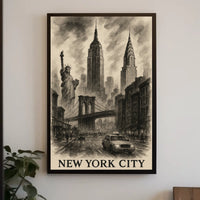 New York City Landmarks Cityscape Poster Vintage Wall Art