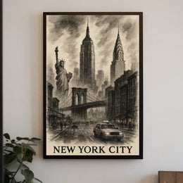 New York City Landmarks Cityscape Poster Vintage Wall Art