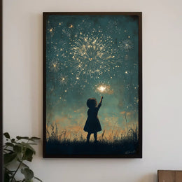 Child Holding Sparkler Night Sky Fireworks Art Poster
