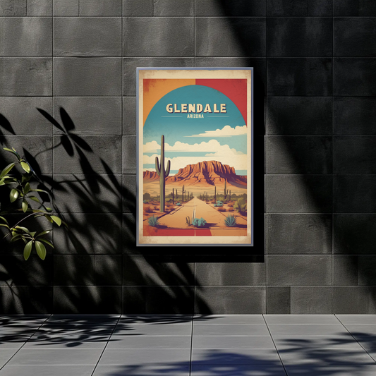 Glendale Arizona Cactus Roadscape Mesa Vintage Travel Poster