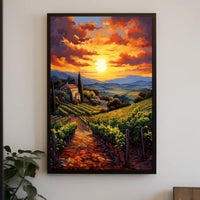 Picturesque Vineyard Landscape With Impressionistic Sunset Artistic Poster