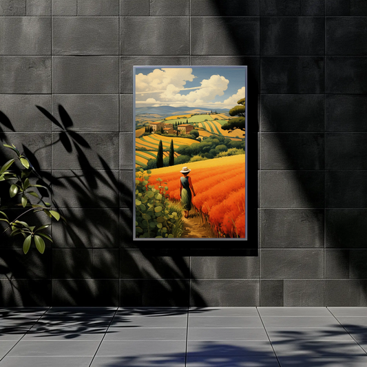Woman Walking Through Colorful Fields Vintage Travel Poster