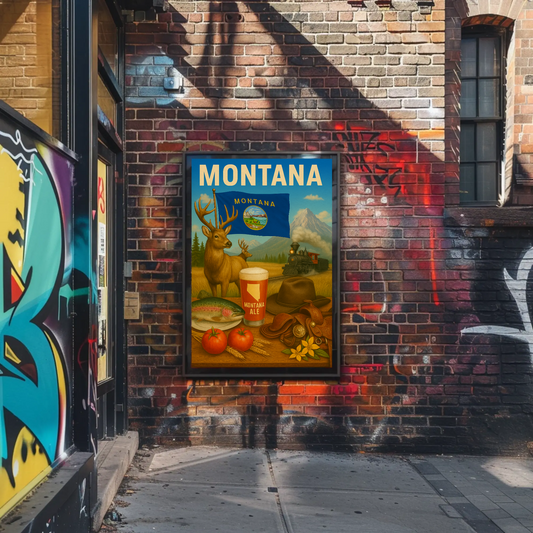 Montana Ale Elk Train Tomato Trout Hat Travel Poster