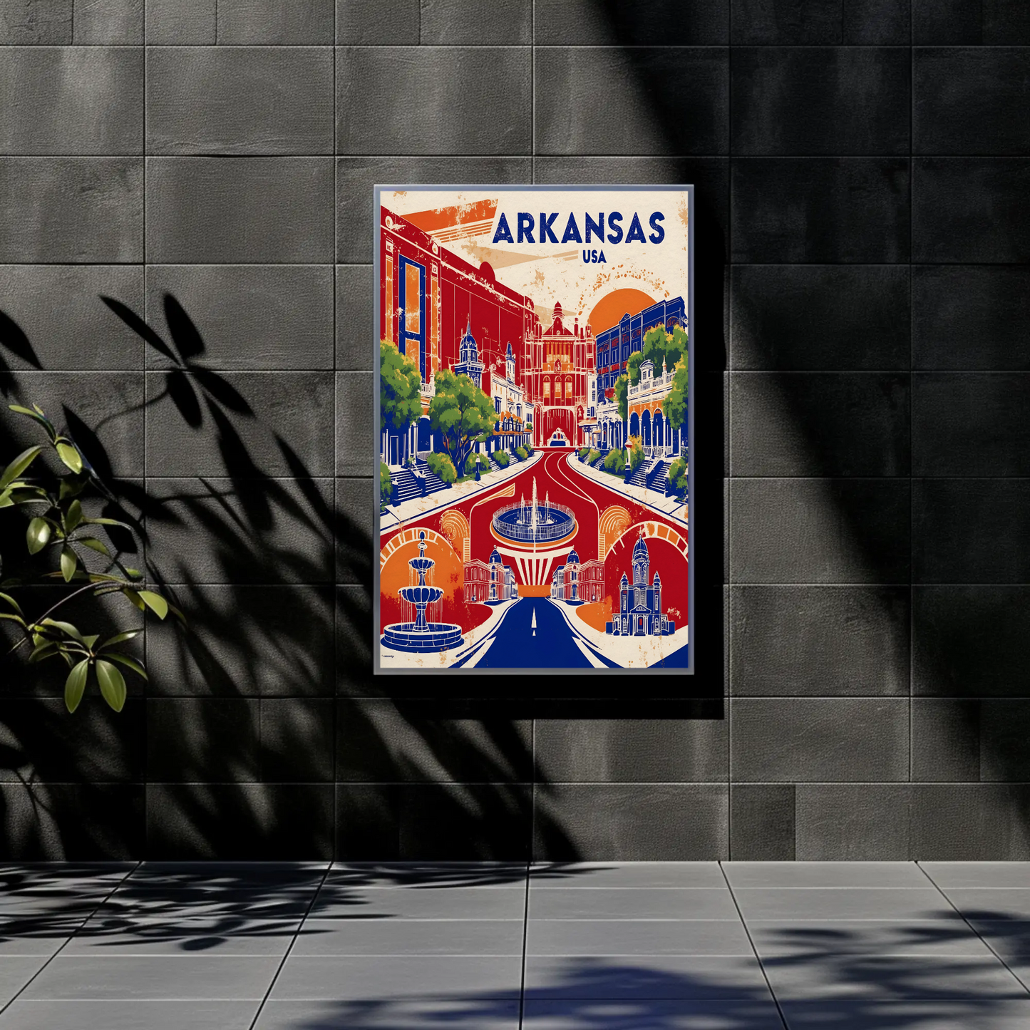 Arkansas Grand Street Circle Vintage Maroon Travel Poster USA