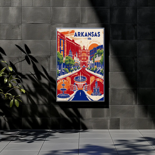 Arkansas Grand Street Circle Vintage Maroon Travel Poster USA