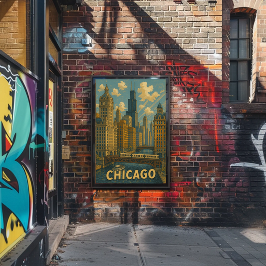 Chicago River Bridge Willis Tower Urban Travel Poster