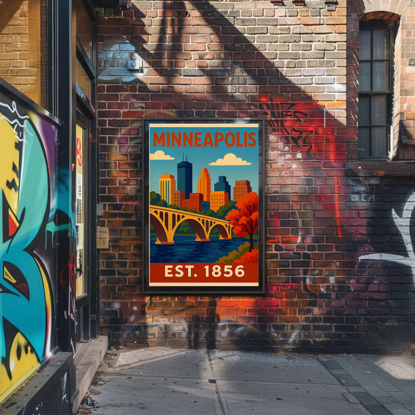 Minneapolis Autumn River Bridge View Vintage Travel Poster
