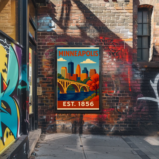 Minneapolis Autumn River Bridge View Vintage Travel Poster