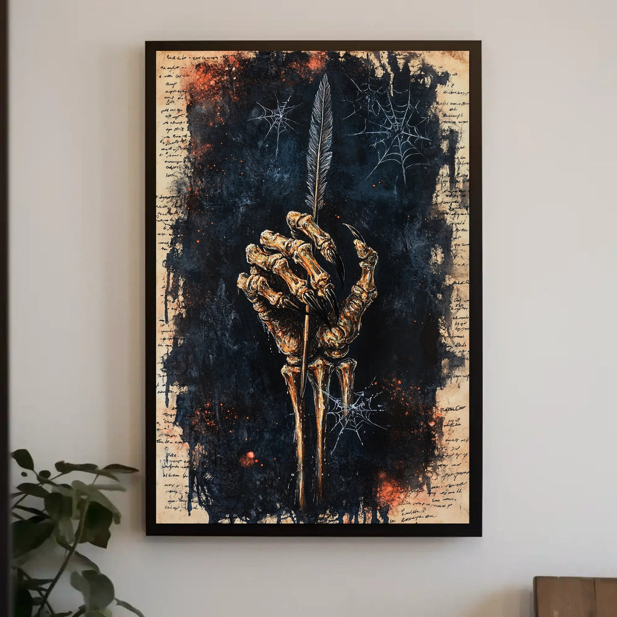 Skeletal Hand Quill Dark Theme Artistic Poster
