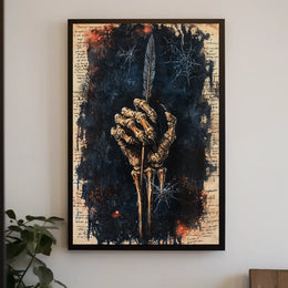 Skeletal Hand Quill Dark Theme Artistic Poster
