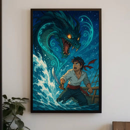 Young Adventurer Battles Sea Dragon - Fantasy or Mythology Poster