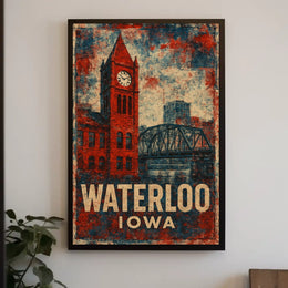 Waterloo Iowa Clock Tower Americana Vintage Poster