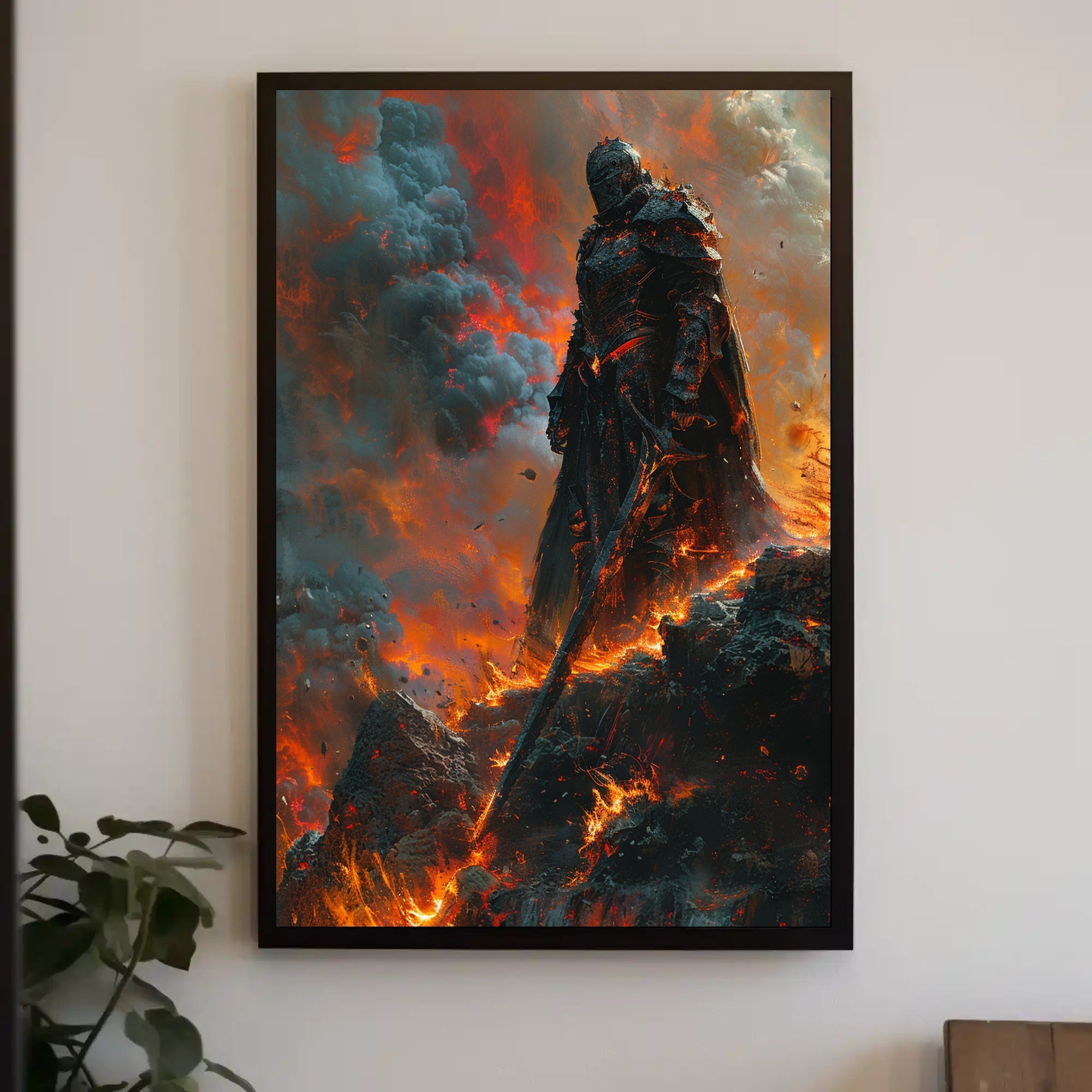 Dramatic Armored Warrior in Fiery Landscape Fantasy Poster PosterGoat
