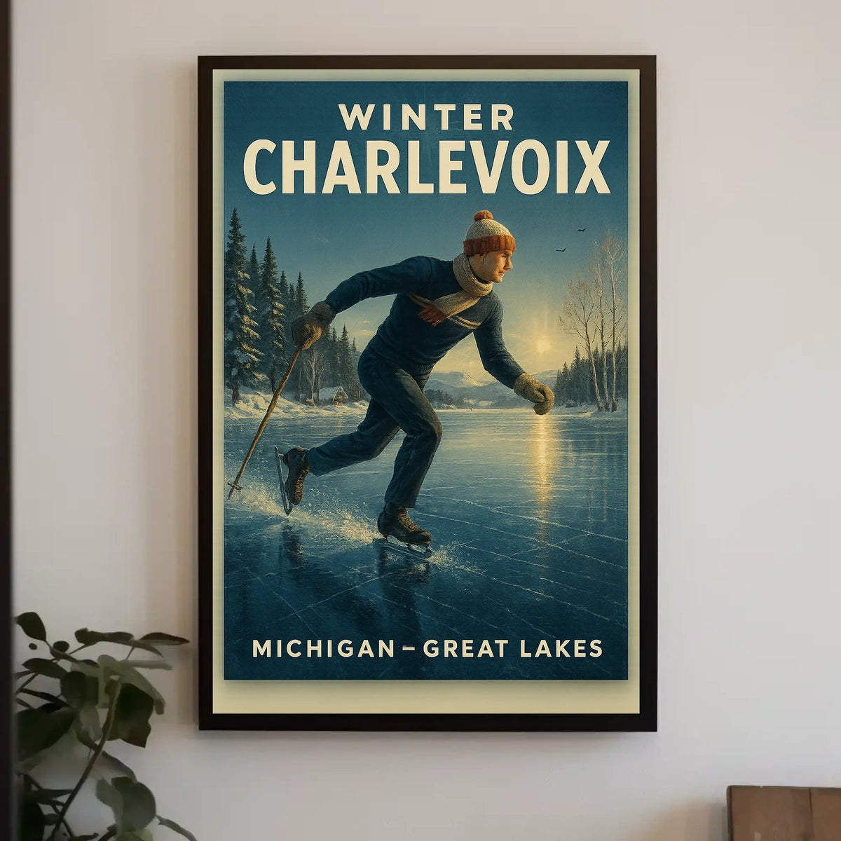 Vintage Winter Charlevoix Scene in Michigan Travel Poster