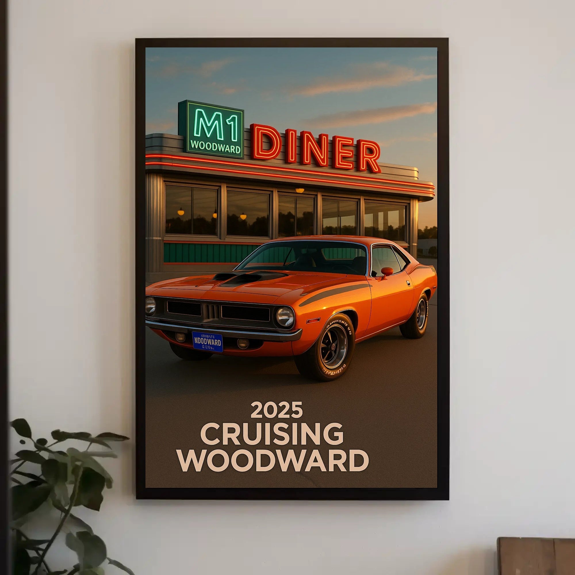 Classic Muscle Car and Diner Scene Retro Travel Poster