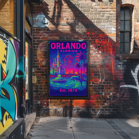 Orlando Florida Castle Ferris Dolphin Neon Travel Poster