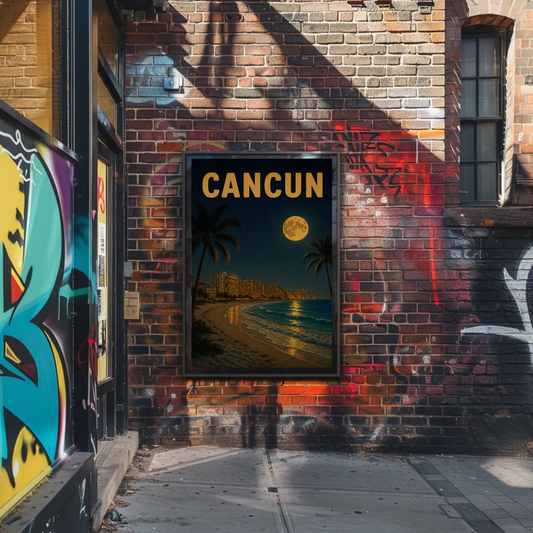 Cancun Beachfront Skyline Moonlight Travel Poster