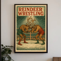 Reindeer Wrestling Holiday Art Print Sports Poster