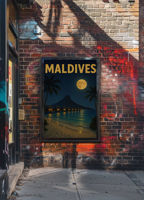 Maldives Overwater Bungalows Night Travel Poster