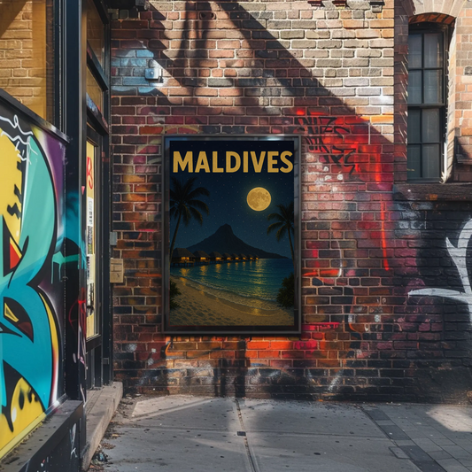 Maldives Overwater Bungalows Night Travel Poster